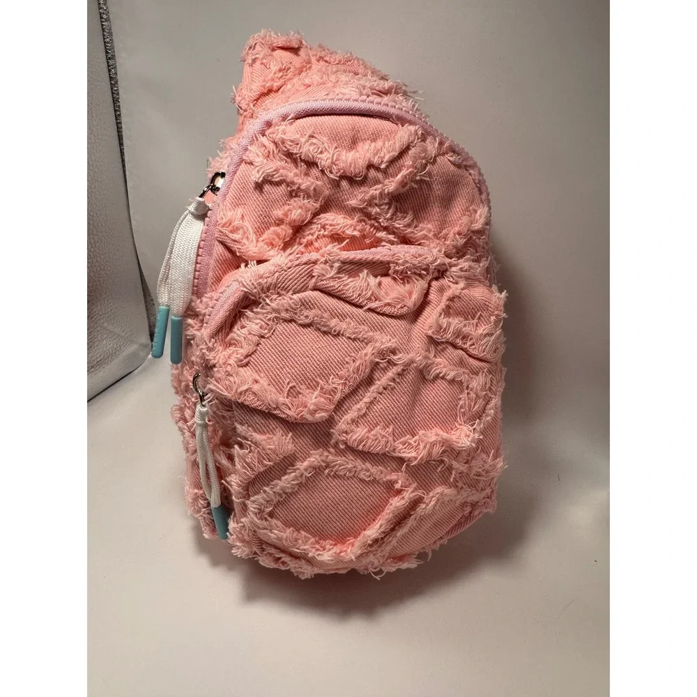 Wildfox Pink Denim Frayed Diamond Quilted Sling Backpack Bag New